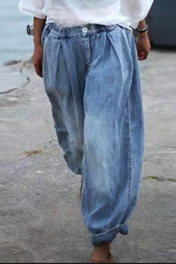 Casual Solid Fold Loose Wide Leg Bottoms